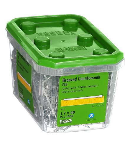 Förpackning med försänkta skruvar, grönt lock, etikett med text "Grooved Countersunk 1.7 x 40 PCS 1000".