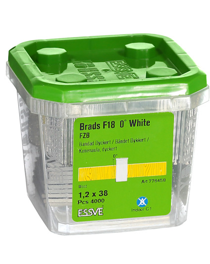 Förpackning med spik "Brads F18 0° White FZB", 1,2 x 38 mm, 4000 stycken.