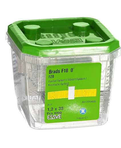 Plastförpackning med 4000 bandade dyckert F18 1,2 x 38 mm från ESSVE. Grön etikett med produktinformation.