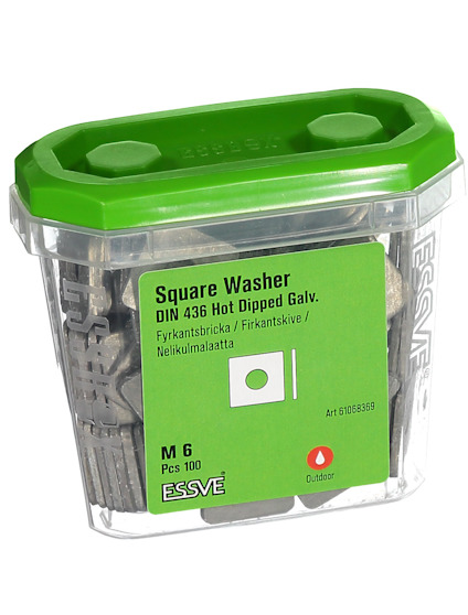 Plastförpackning med grönt lock innehållande ESSVE fyrkantsbrickor, M6, 100 st, DIN 436, varmförzinkade.
