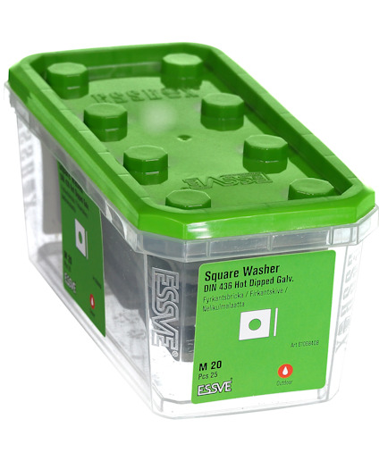 Transparent plastlåda med grönt lock märkt "Square Washer DIN 436 Hot Dipped Galv. M 20 Pcs 25".