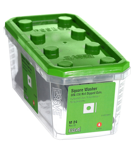 Transparent plastförpackning med grönt lock innehållande "Square Washer DIN 436 Hot Dipped Galv." M24, 10-pack, från ESSVE.