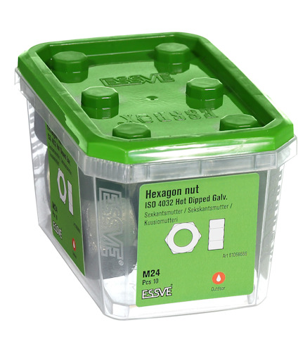 Förpackning med hexagonmuttrar, ISO 4032, varmförzinkade, Essve, 16 st. Grön lock och etikett med produktinformation.