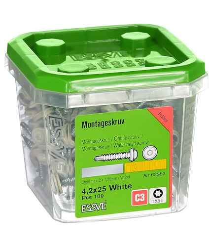 Plastlåda med 100 vita montageskruvar, 4,2x25 mm, C3 klass. Märkt Essve.