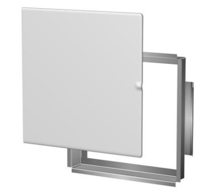 Inspektionslucka i vit metall med synligt ramverk. Luckan är halvöppen, vilket visar ramen bakom.