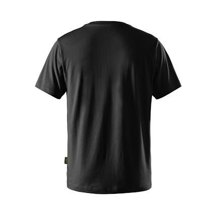 Svart t-shirt sedd bakifrån med rund hals och korta ärmar.