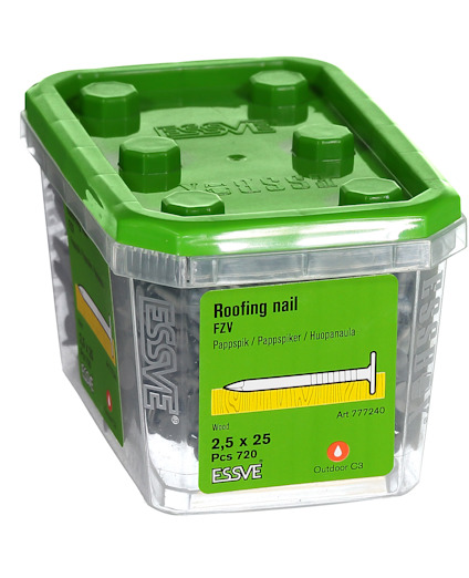 Plastburk med grönt lock innehållande 720 pappspik, storlek 2,5 x 25 mm, märke ESSVE, art.nr 777240.